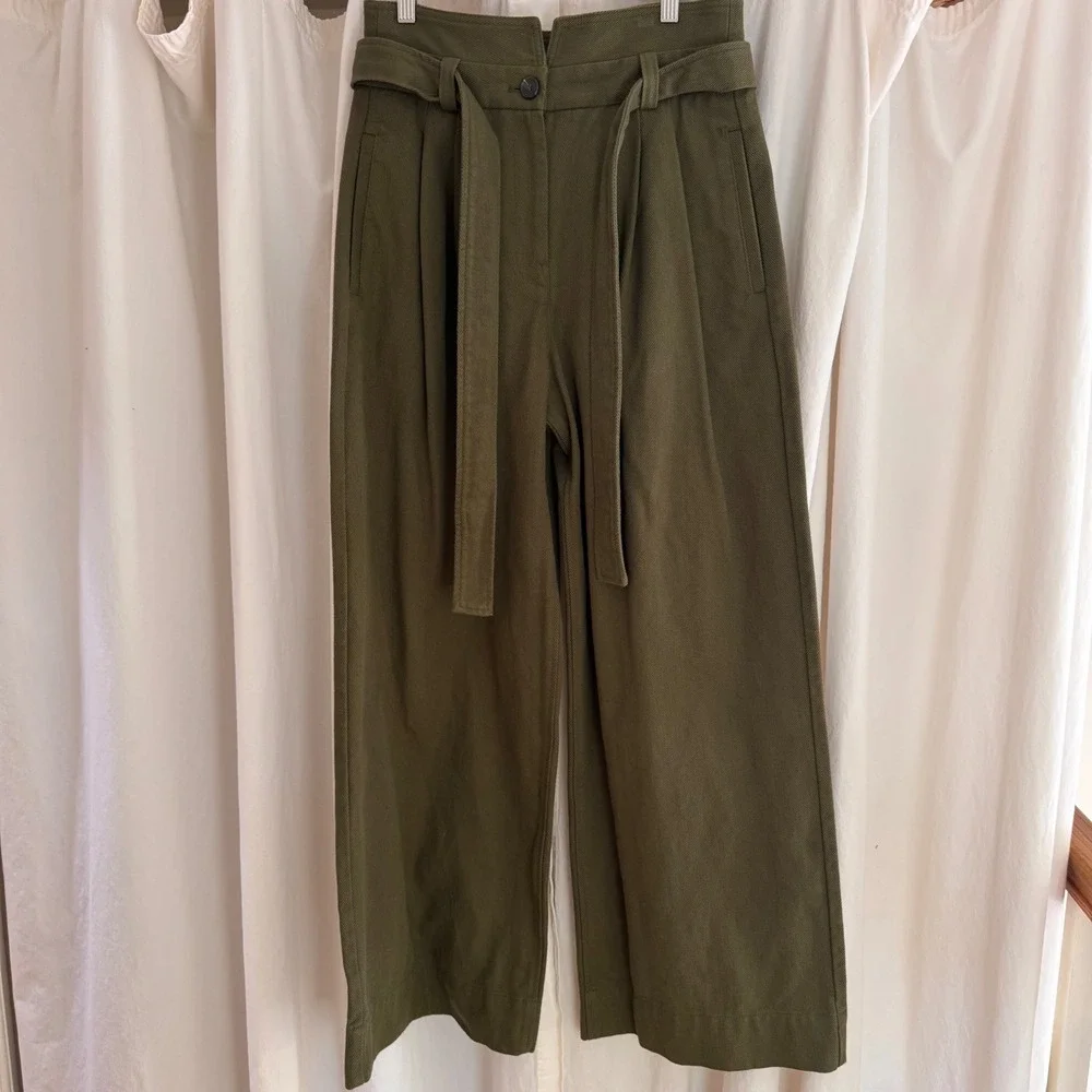 ALC Emily Belted Twill Pants Green High Waist Wide Leg‎ Cotton Trousers 4 NEW